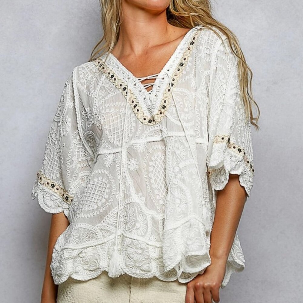 POL Cream Embroidered V-Neck Lace-Up Peasant Blouse